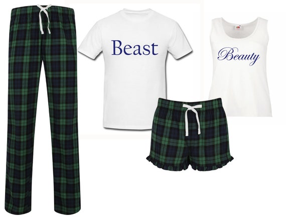 Pyjama pour couple La Belle et la Bête Pyjama en tartan vert