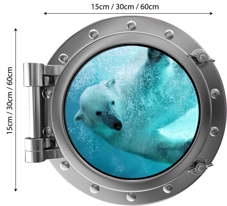 Full Colour Wall Decal Polar Bear v2 Silver Porthole Wall Sticker Ocean Sea Life Bathroom Kids