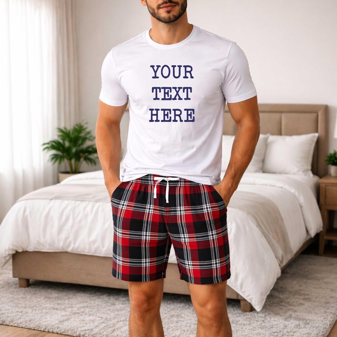 Pyjamas Fancy Text Mens Personalised Pyjamas Your Text Here .... Tartan Short Pj's - Etsy