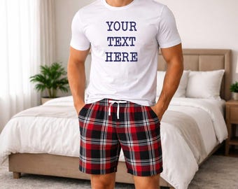 Mens Personalised Pyjamas Your Text Here .... Tartan Short PJ's