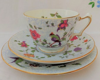 Vintage Crown Staffordshire China Exotic Birds of Paradise Tea Trio