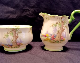 Royal Albert &quot;GREENWOOD TREE&quot; Creamer & Sugar Bowl - VINTAGE 1940&#39;s