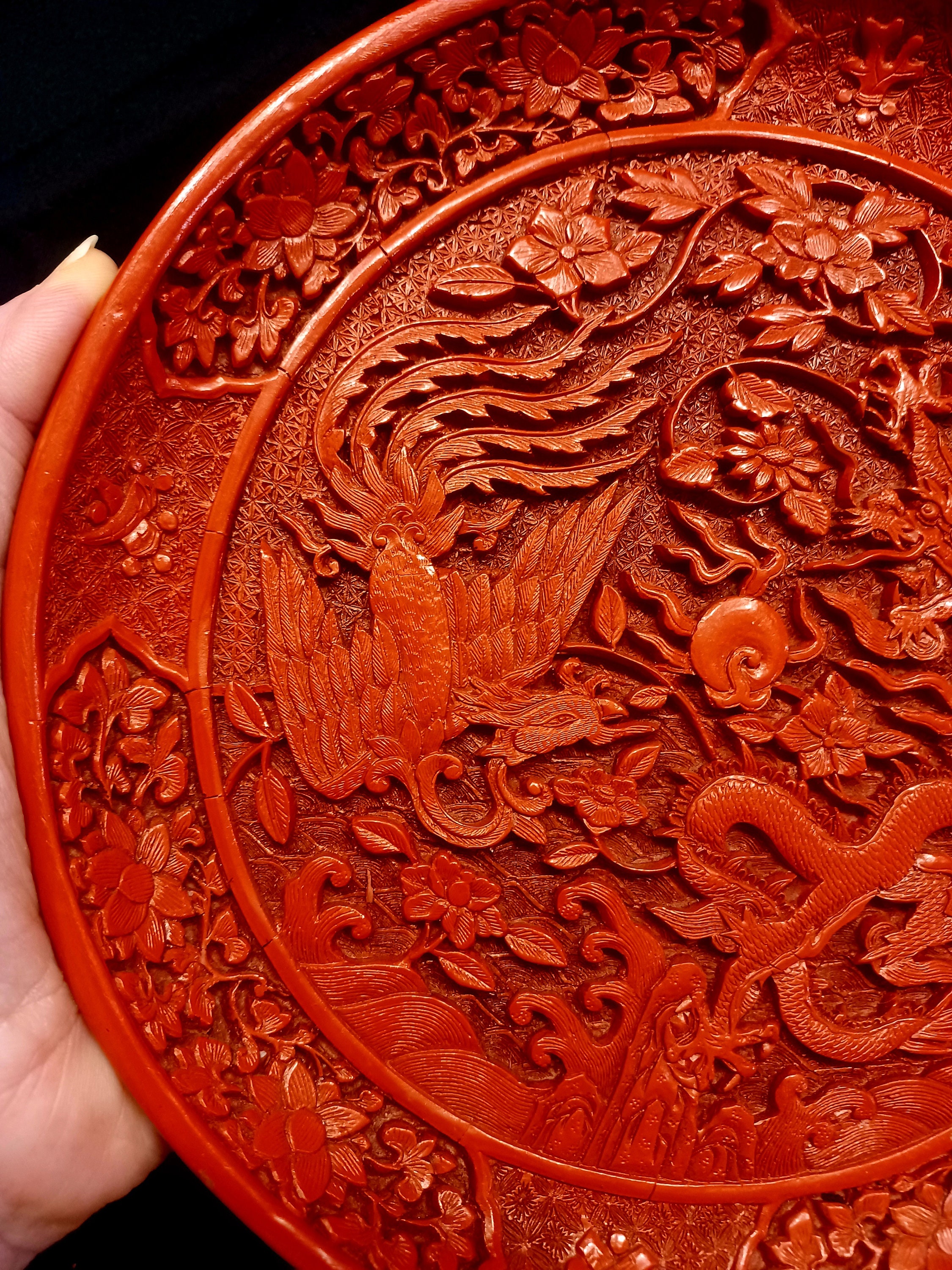 Cinnabar Lacquerware Carved Plate - Vintage Chinese Dragon