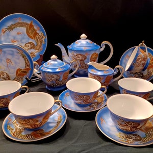 Beautiful 21 pc. 1920&#39;s / 1930&#39;s Blue Dragonware Tea Set - Japanese  Tea Set - Dragonware Moriage Tea Set - Dragonware - Moriage - Tea Set