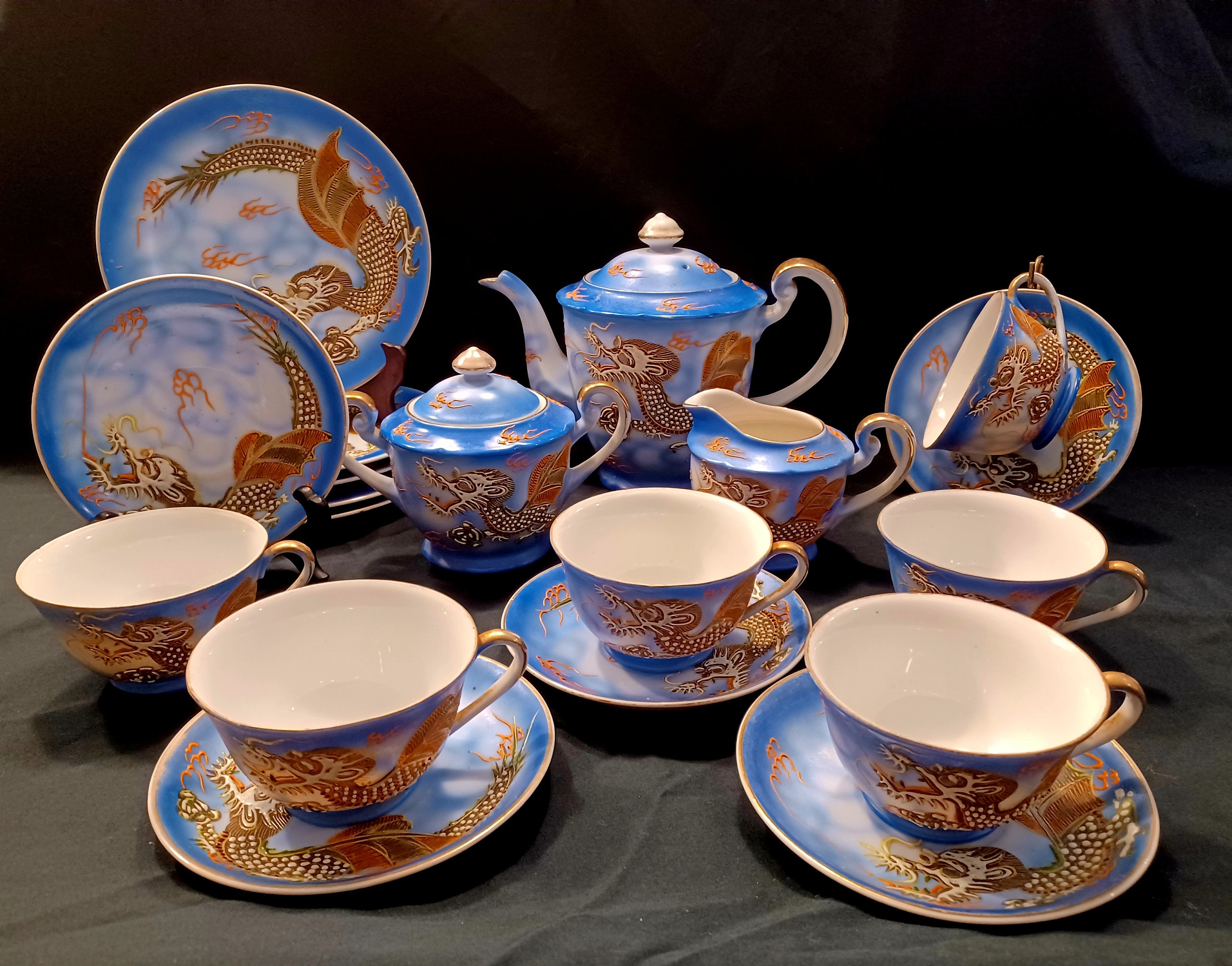 Vintage Japanese Dragon Cup and Saucer, Textured Motif With