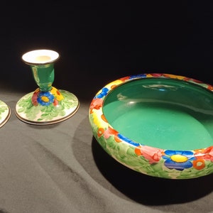 CZECHOSLOVAKIA DITMAR URBACH Hand Painted Bowl W/ Matching Candle Holders - Vintage 1930&#39;s Czech Pottery