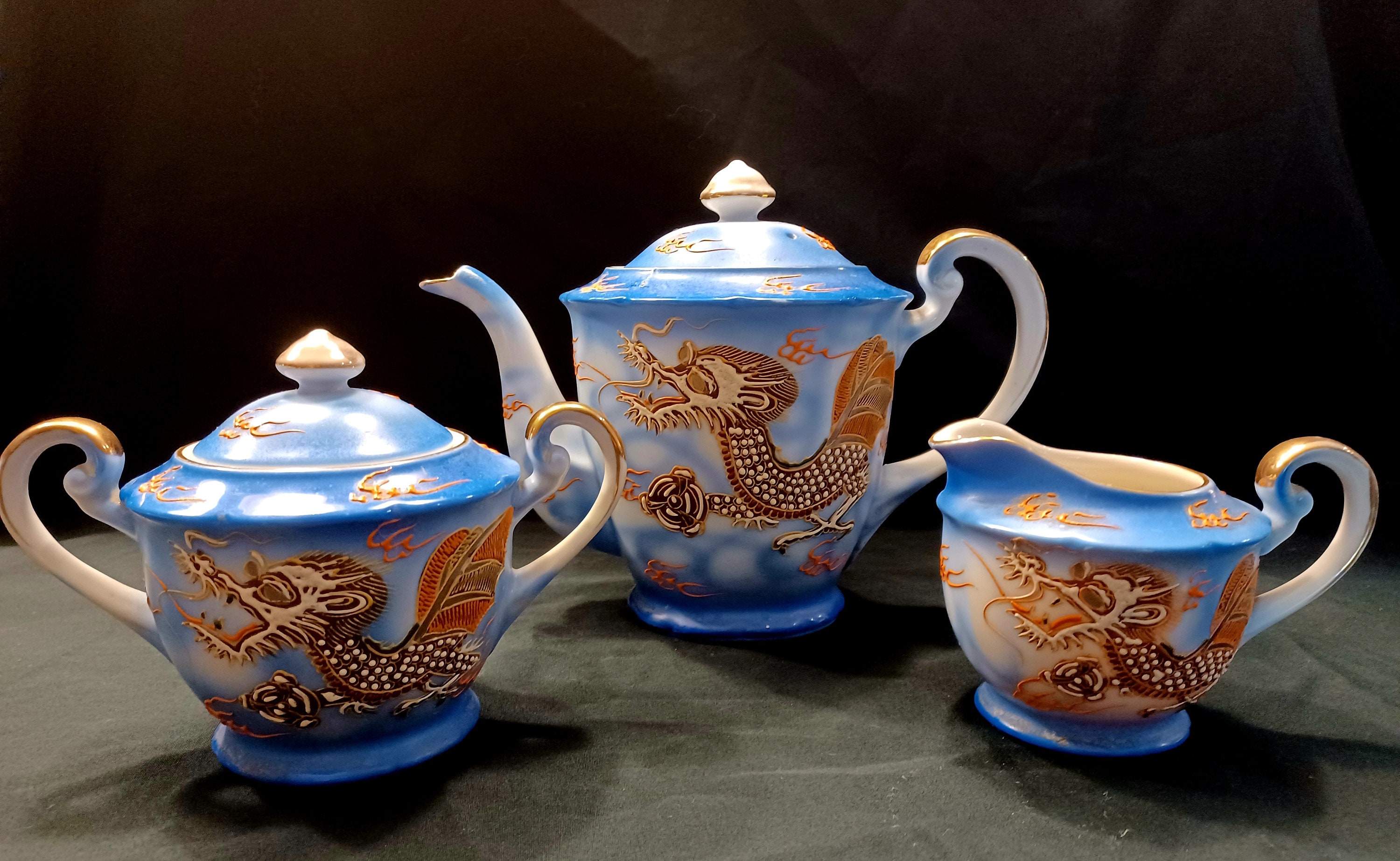 Vintage Japanese Dragon Cup and Saucer, Textured Motif With