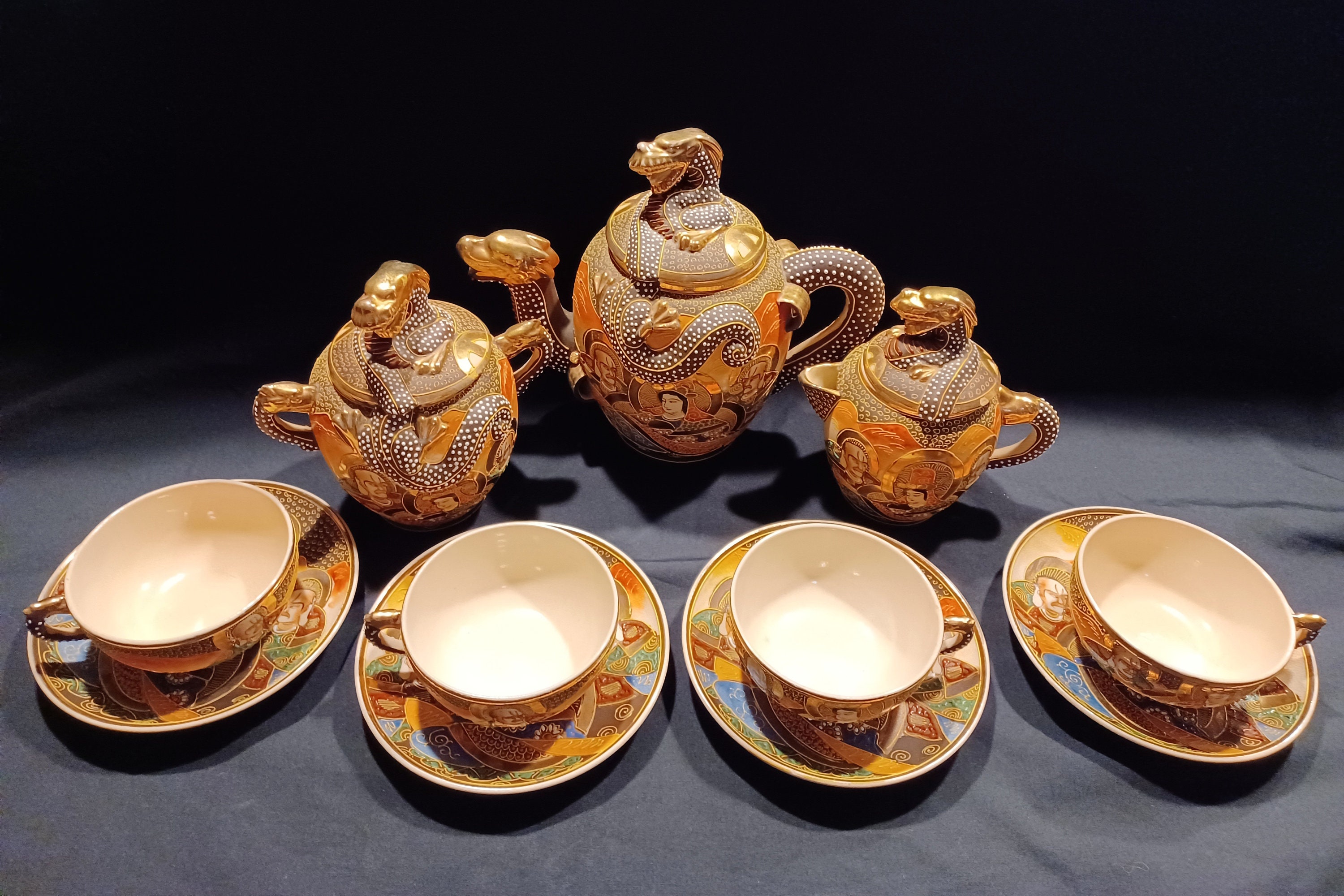 8 Pc Vintage OMC Japanese Tea Set Dragon Pattern Porcelian Ceramic