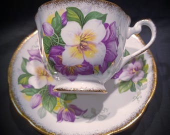 ROYAL STANDARD Bone China - Royal Standard Teacup & Saucer - Purple and White Pansies Tea Cup - English Tea Cup -