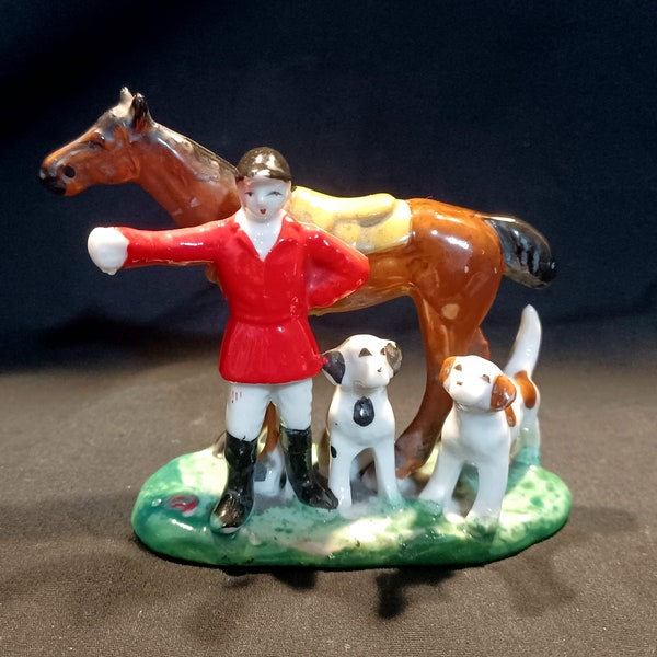 Made In Japan - Maruyama Toki Yamashiro Ryuhei Seto - English Jockey with Horse and Hunting Dogs - Antique Fox Hunt figurine - Circa 1920's