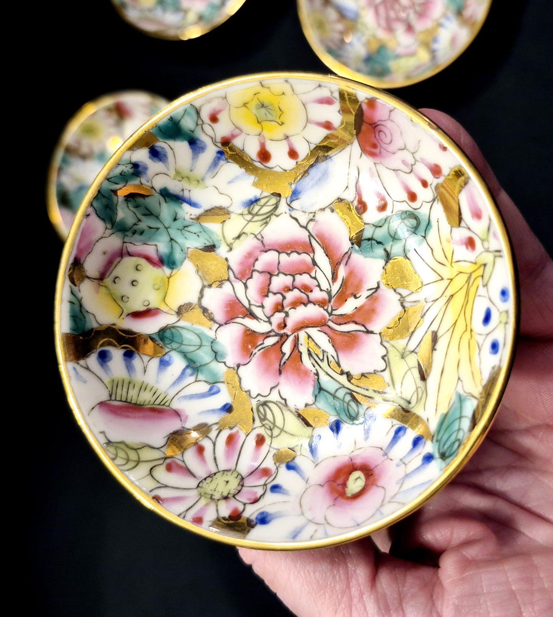 Vintage Floral Gold Leaf Porcelain China Ramekin Set ~ Condiment Sauce ...