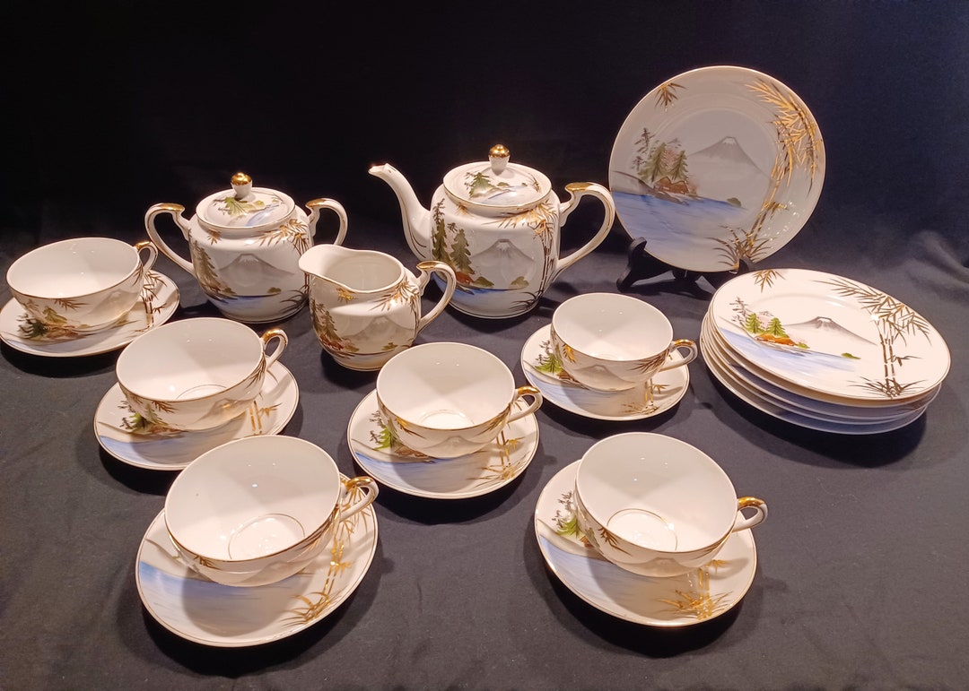 Kutani Tea Set 6 Kutani Lithophane Tea Cups, 6 Saucers, 6 Plates, Teapot, Sugar & Creamer 21 Pc