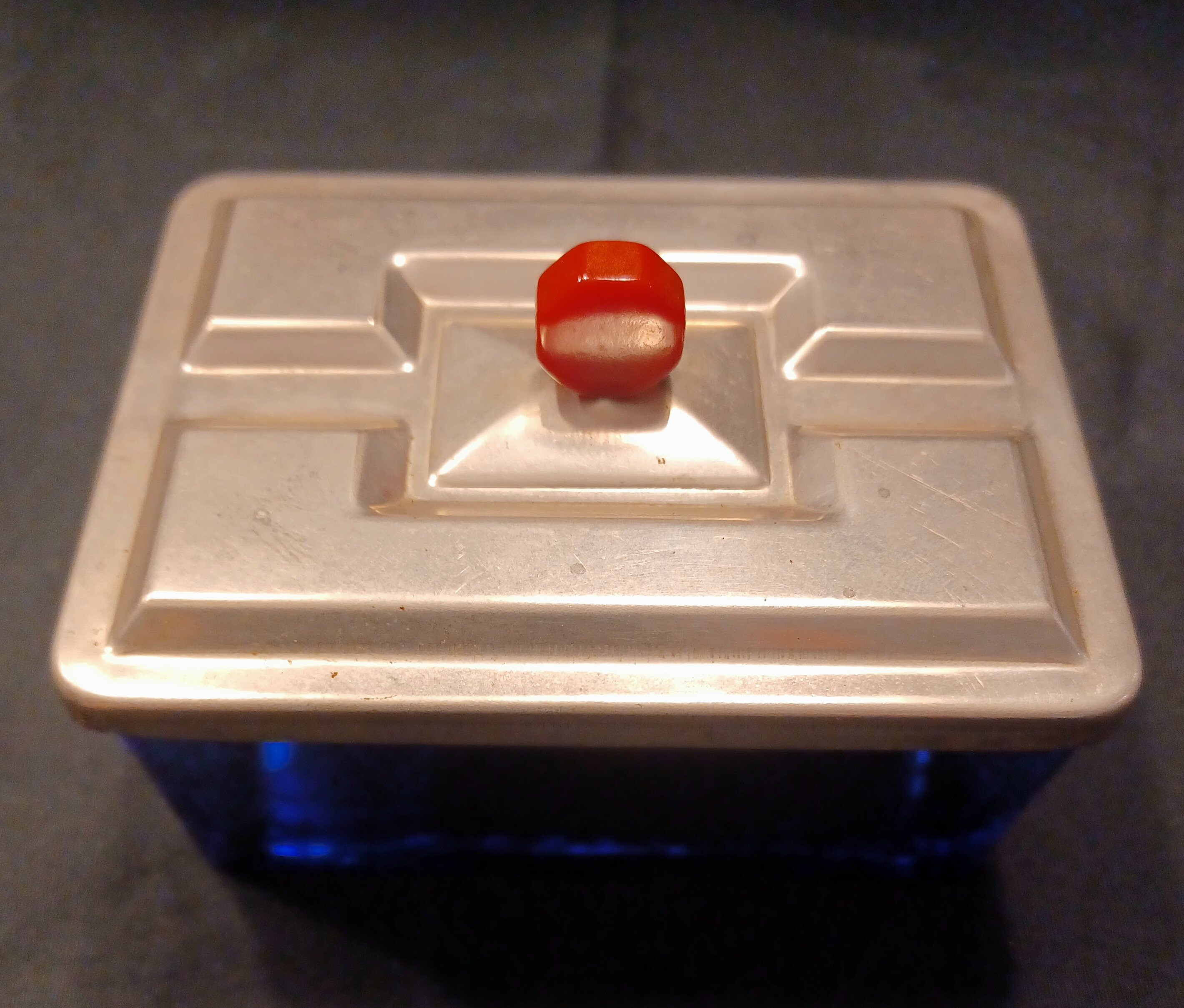 Art Deco Cobalt Blue Glass Cigarette Box W/ Chrome Lid