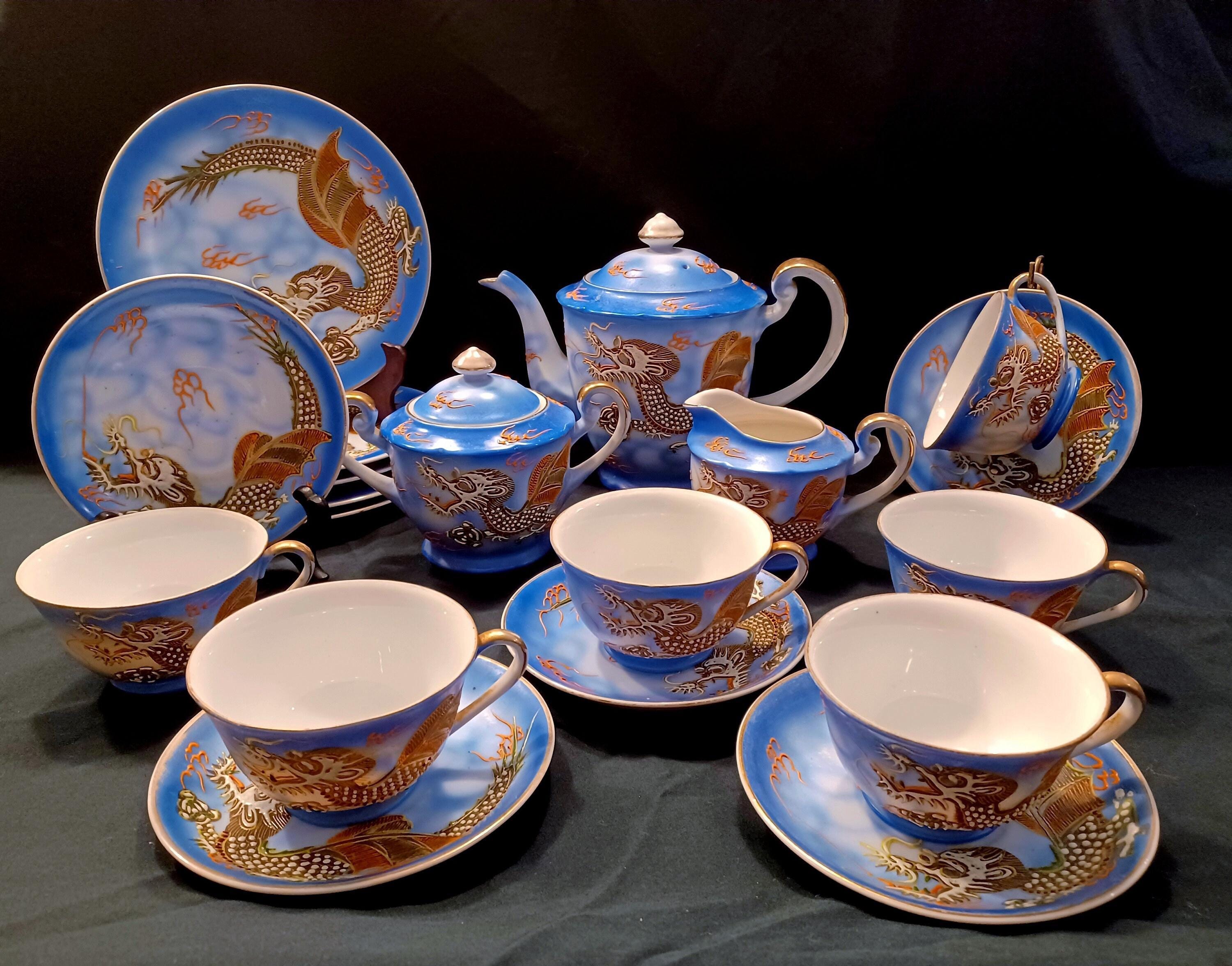 Vintage Blue Dragonware Tea Set – 21 Pc Moriage Japanese Tea
