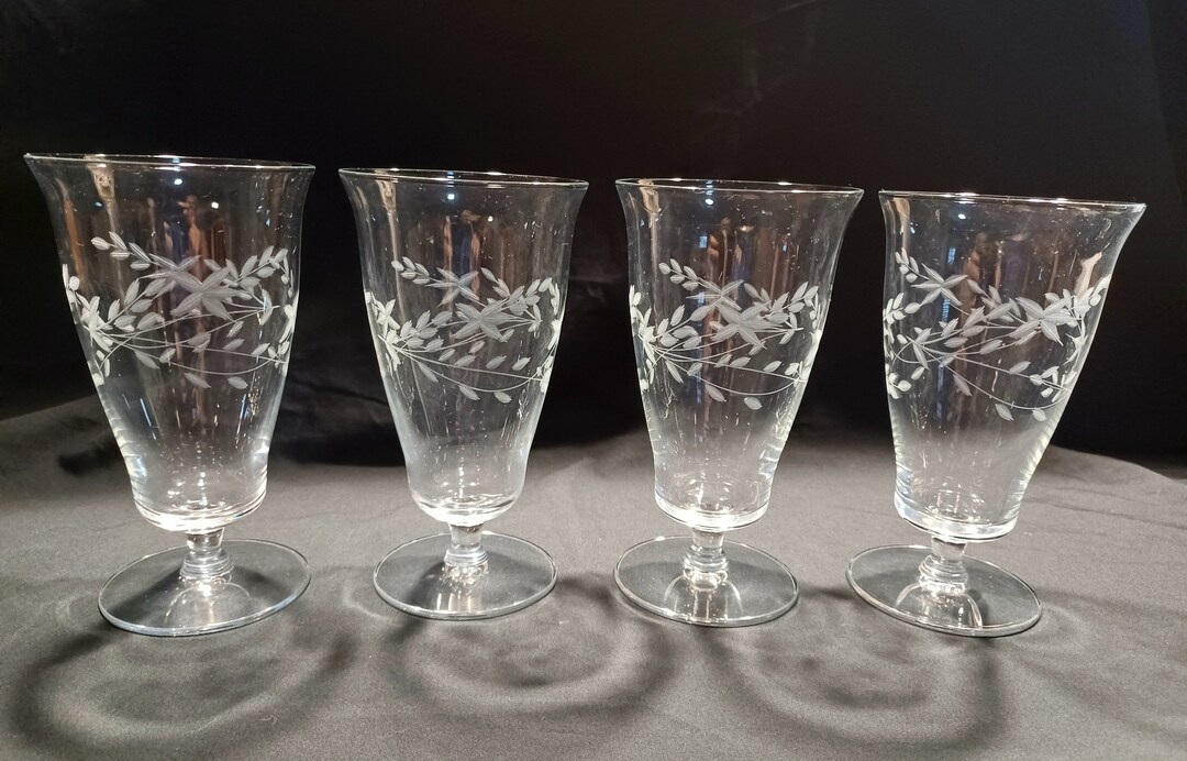 4 Vintage Etched Ice Tea Glasses Blown Crystal Ice Tea Glasses Perfect