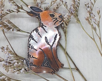 rabbit brooch in etched and oxidised copper
