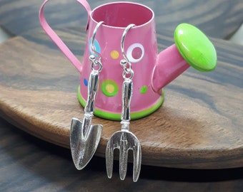 silver trowel and fork earrings, in solid, hallmarked sterling silver.