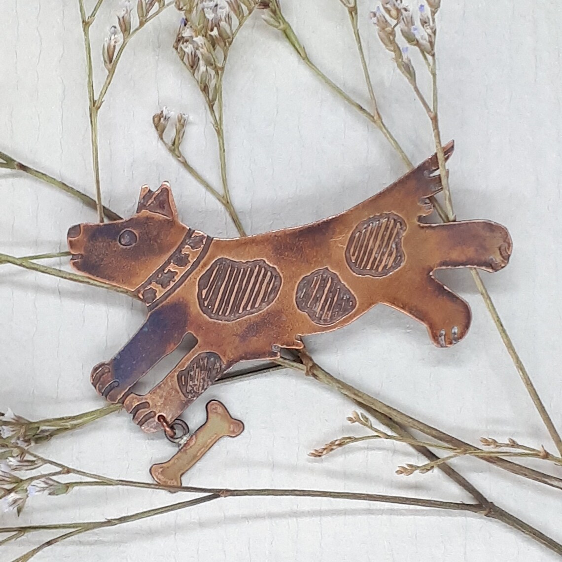 Etched and Oxidised Copper Dog Brooch Etsy UK