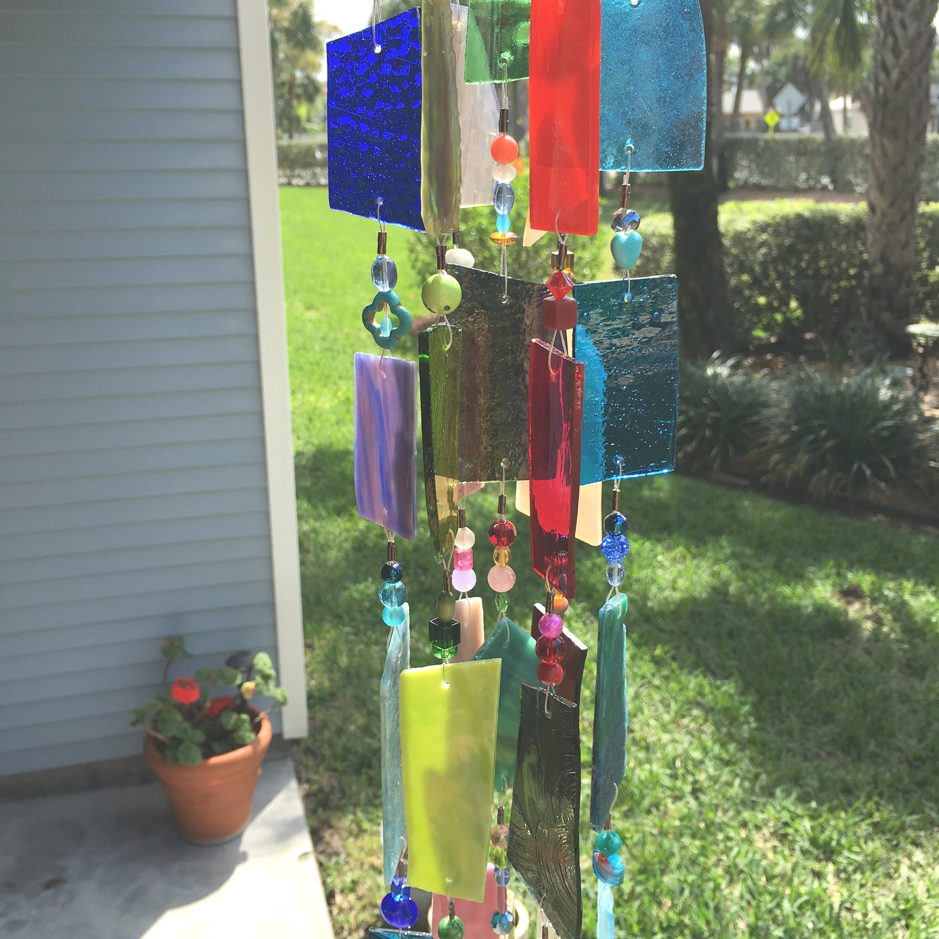 Wind Chime Sun Catcher Stained Glass Up-cycled Wine Bottle | Etsy