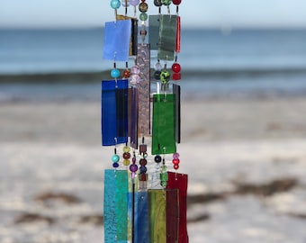 Wind Chimes Stained Glass Sun Catcher Up-cycled Wine Bottle Top.  Garden Art!
