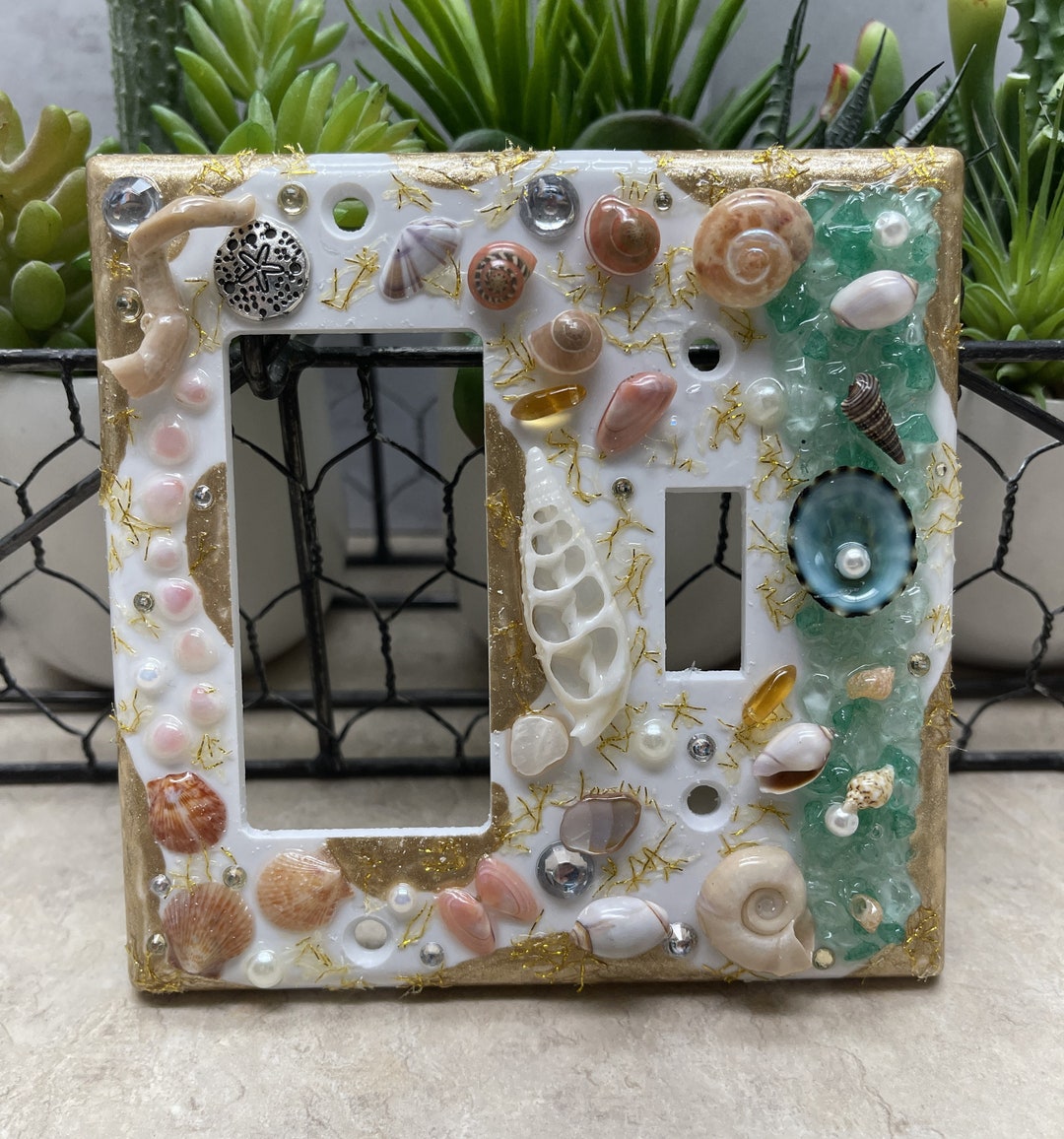 Seashell Switch Plate Cover Real Seashells and Sea Glass One Rocker One
