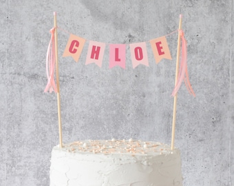 Girls Birthday Cake Topper - Pink and Peach Personalized Cake Topper for Girls - Pastel Name Birthday Cake Topper