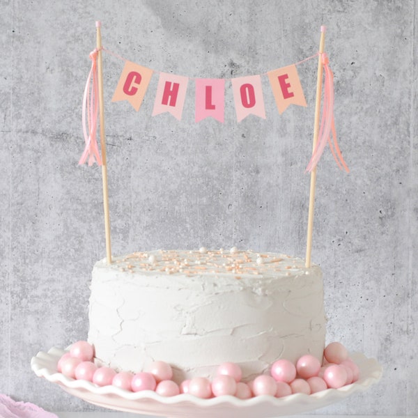 Girls Birthday Cake Topper - Pink and Peach Personalized Cake Topper for Girls - Pastel Name Birthday Cake Topper
