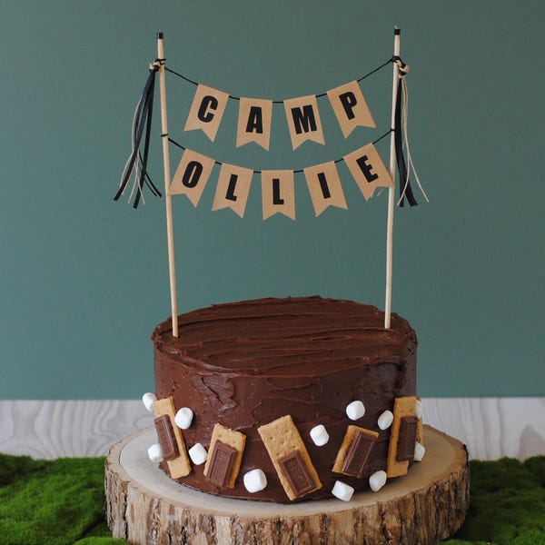 Personalized Camp Birthday Cake Topper | Happy Camper Party Decor | Custom Name Cake Banner For Kids Camping Birthday