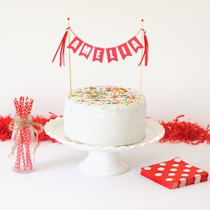 Personalized Name Cake Topper - Birthday Cake Topper Banner - Custom Cake Topper - Red & White Birthday Cake Bunting - Banner Cake Topper