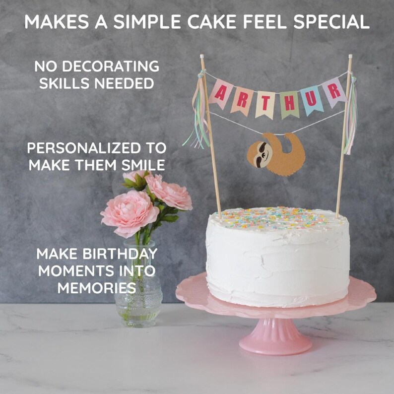 Adorno para tarta de perezoso arcoíris / Adorno para tarta de cumpleaños de niña / Pancarta para tarta con nombre personalizado en tonos pastel / imagen 5
