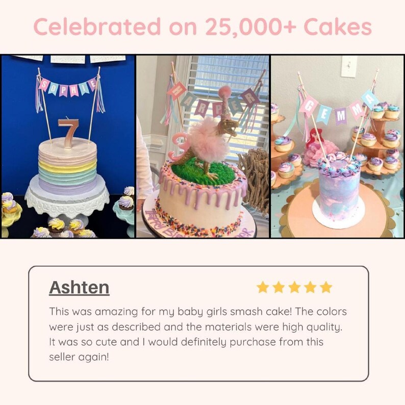 Avalon Sunshine customer photos with personalized cake toppers on cakes - celebrated on 25,000+ cakes