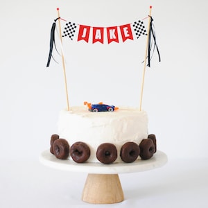 Race Car Cake Topper - Vintage Race Car Party Decoration - Racing Theme Birthday Cake Topper - Personalized Checkered Flag Cake Banner