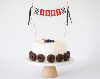 Race Car Cake Topper - Vintage Race Car Party Decoration - Racing Theme Birthday Cake Topper - Personalized Checkered Flag Cake Banner