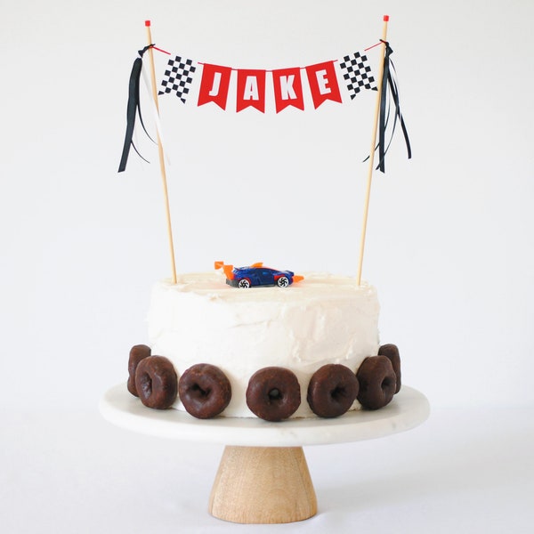 Race Car Cake Topper - Vintage Race Car Party Decoration - Racing Theme Birthday Cake Topper - Personalized Checkered Flag Cake Banner