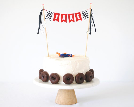 Personalized Race Car Cake Topper: Checkered Flag Racing Party Decor