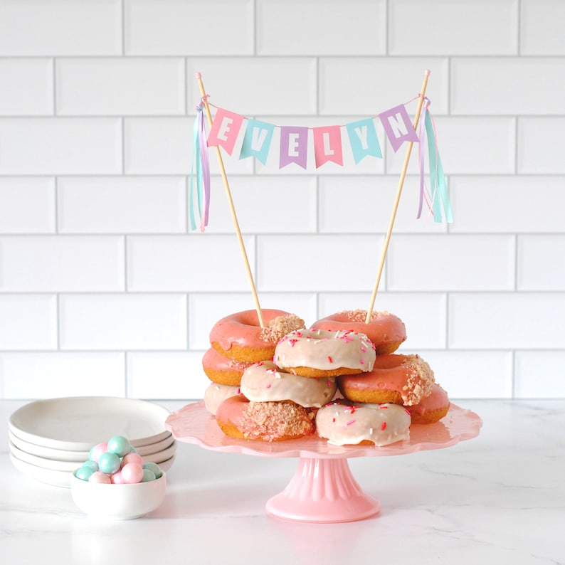 Pastel Birthday Cake Topper | Personalized Name Cake Banner | Pink Purple Aqua Decor | For Girls Birthday Party afbeelding 5