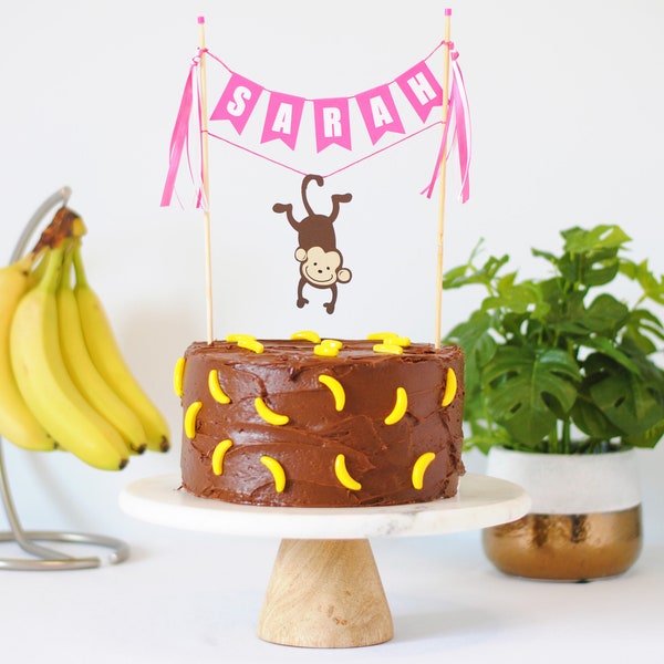 Monkey Cake Topper for girls - Pink Monkey Birthday Cake Banner - Girls Jungle Safari Cake Topper