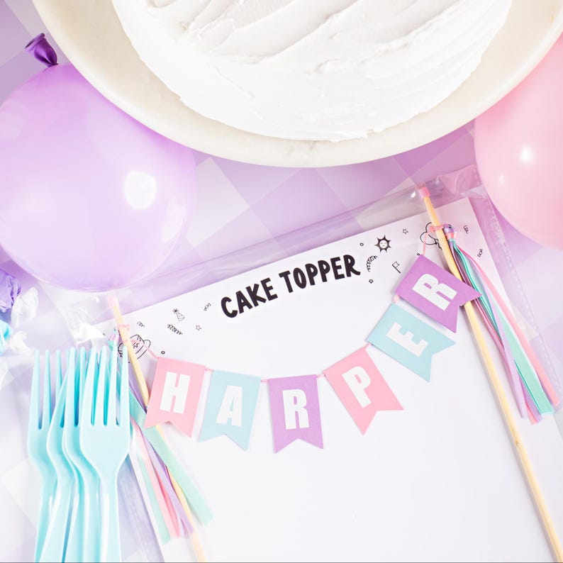 Pastel Birthday Cake Topper | Personalized Name Cake Banner | Pink Purple Aqua Decor | For Girls Birthday Party afbeelding 6