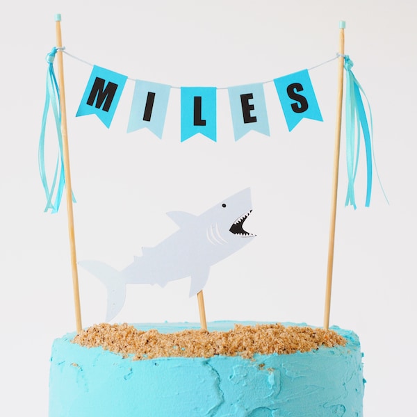 Shark Birthday Cake Topper | Ocean Theme Party Decor | Custom Name Cake Banner | For Kids Shark Party
