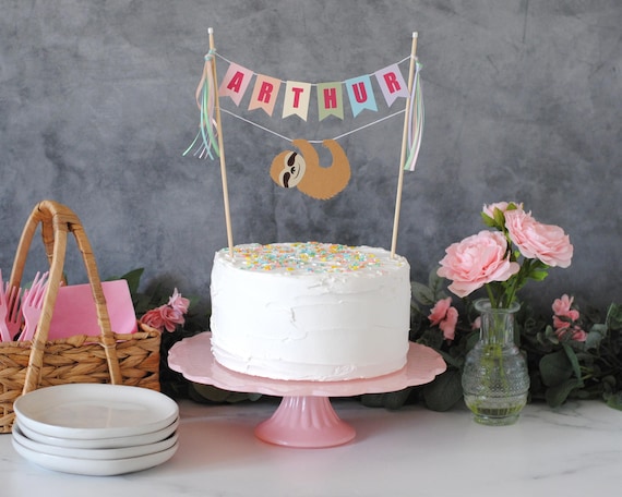 Rainbow Sloth Cake Topper | Girl Birthday Cake Topper | Pastel Personalized Name Cake Banner |