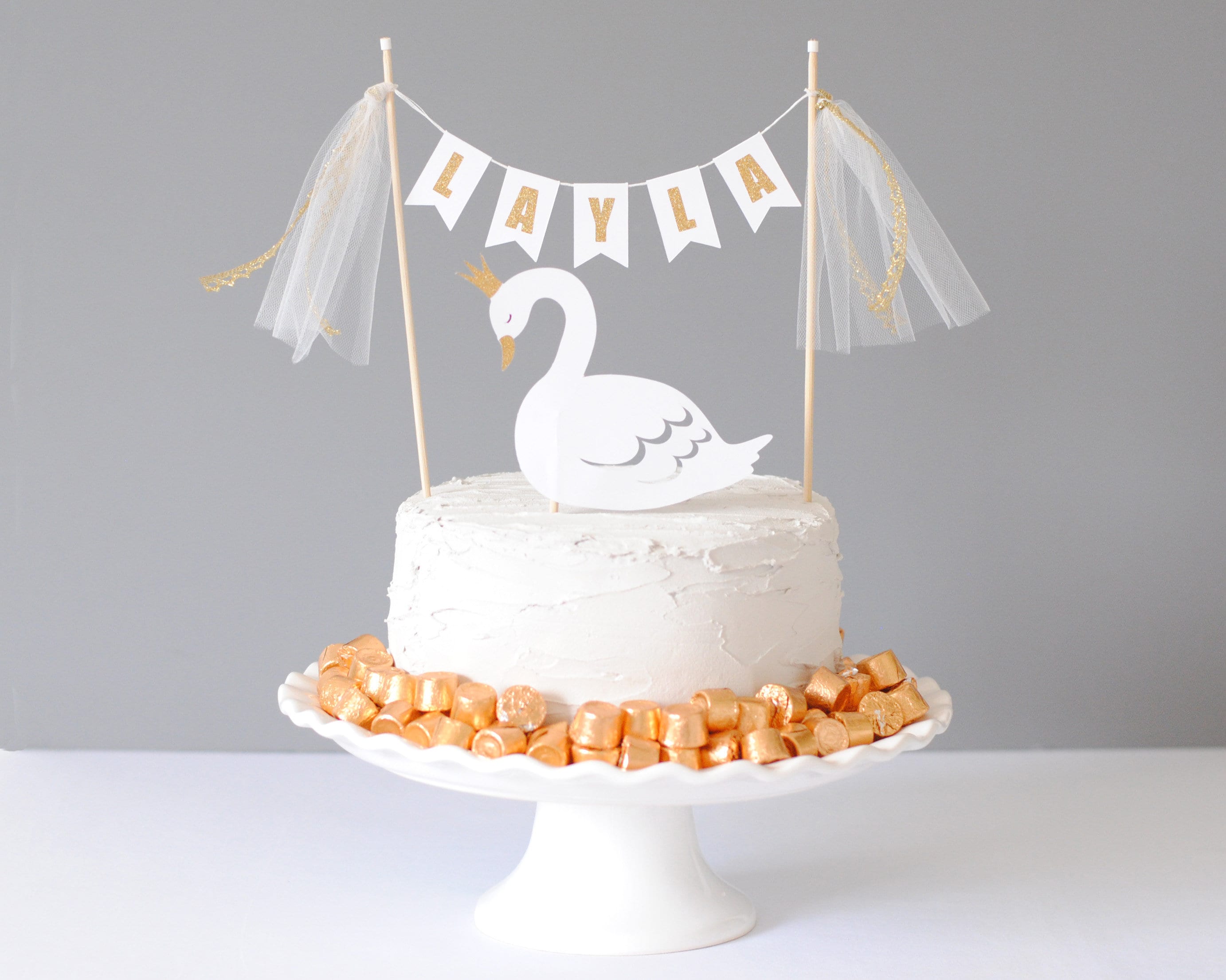 Personalized Swan Birthday Cake Topper with Name Cake Banner