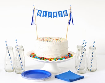 Blue Personalized Cake Bunting - Custom Name Cake Topper - Personalized Cake Topper Birthday - Custom Birthday Cake Topper for Kids