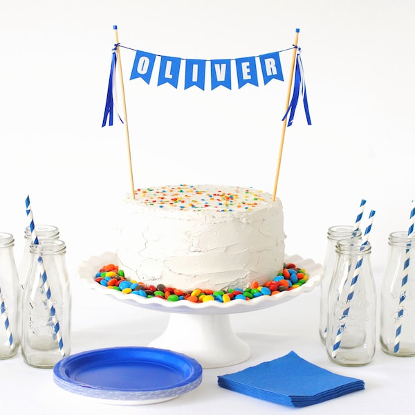 Blue Personalized Cake Bunting - Custom Name Cake Topper - Personalized Cake Topper Birthday - Custom Birthday Cake Topper for Kids