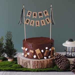 Camp Cake Topper for Birthday - Woodland Birthday Cake Topper - Camping Theme Cake Banner - Happy Camper Birthday Party Decoration