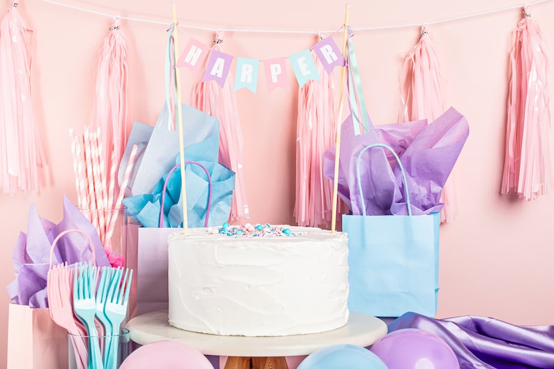 Pastel Birthday Cake Topper | Personalized Name Cake Banner | Pink Purple Aqua Decor | For Girls Birthday Party afbeelding 4
