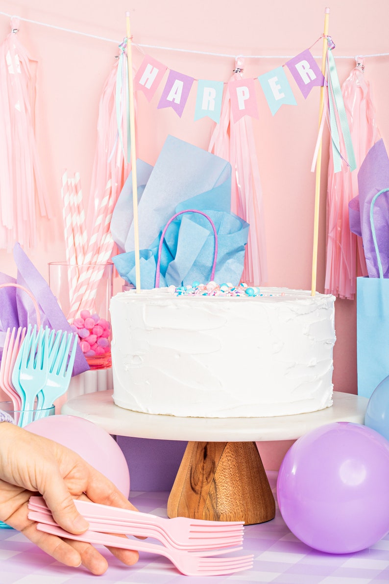 Pastel Birthday Cake Topper | Personalized Name Cake Banner | Pink Purple Aqua Decor | For Girls Birthday Party afbeelding 2