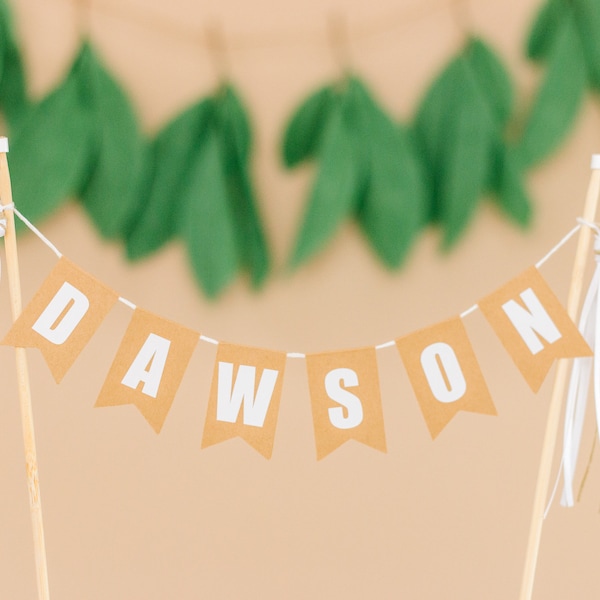 Kraft and White Cake Topper - Personalized Neutral Cake Topper - Natural Colors Bunting Cake Topper  - Rustic Name Cake Banner