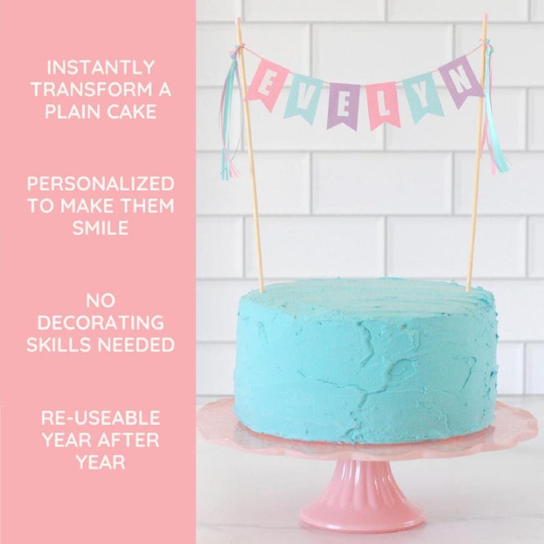 Pastel Birthday Cake Topper | Personalized Name Cake Banner | Pink Purple Aqua Decor | For Girls Birthday Party afbeelding 3