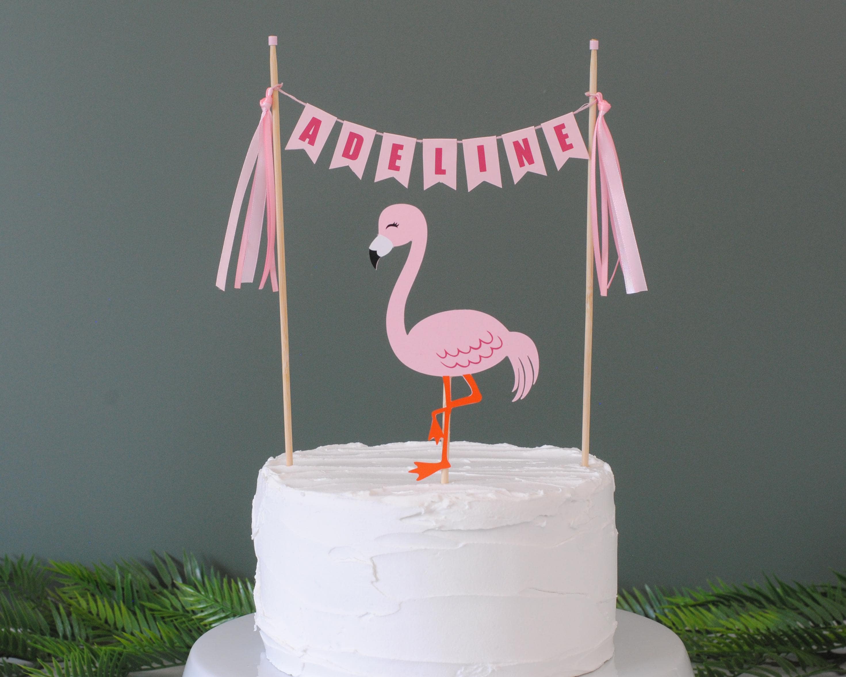 Personalized Flamingo Birthday Cake Topper with Name Banner