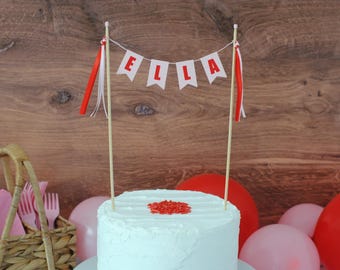 Pink Birthday Cake Topper | Personalized Name Banner | Pastel Pink & Red Modern Decor For Girls Birthday Parties
